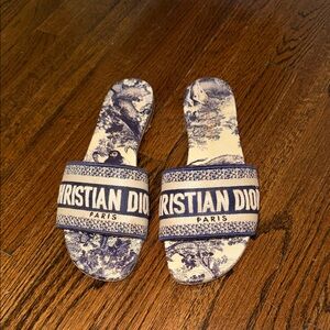 Dior Dway Blue and White Toile Logo Slide Sandals